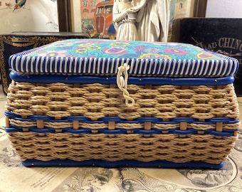 Vintage Rattan, Rope and P and Lavender Scoubidou Plastic Lace Craft Sewing Basket, Retro Sewing Basket With Colourful Kitsch Floral Fabric