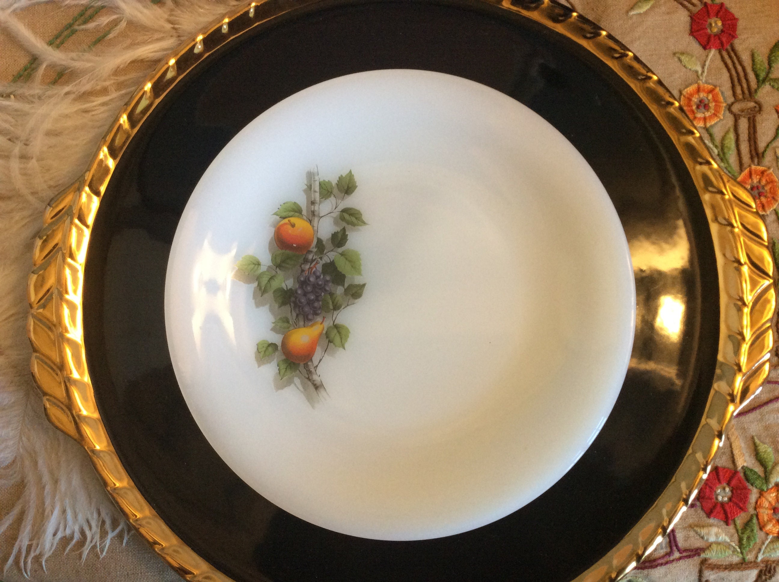 4 Assiettes à Dessert Vintage Arcopal - Retro Fruit Design Petites Poire Raisins Fruits d'automne As