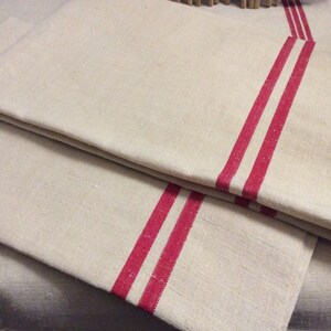 Two French Vintage Red Stripes Kitchen Teatowels - French Kitchen Towel -  Old French Tea towels- French Linen and Cotton Teatowels - Red