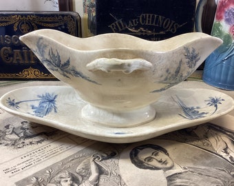 Antique Antique Gien Ironstone Oriental Landscapes Sauce Boat - Gien Vues D'orient -Turn of the Century French Antique Blue Decor Gravy Boat