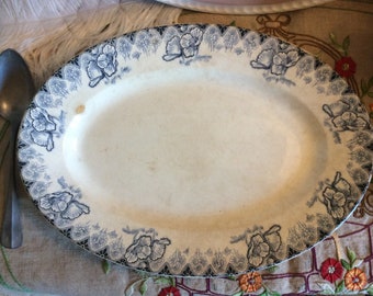 Francés Antique Terre de Fer Choisy Le Roi H B & Cie Oval Platter, Poppy Pattern Serving Platter, Finales de 1800s Choisy le Roi, Coquelicots