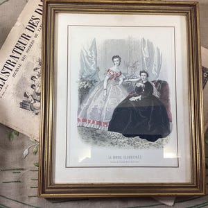 French Antique 1800s La Mode Illustree Framed Coloured Print - Boudoir Wall Hanging Decor - Antique Ladies Fashion Magazine - Pretty Ladies