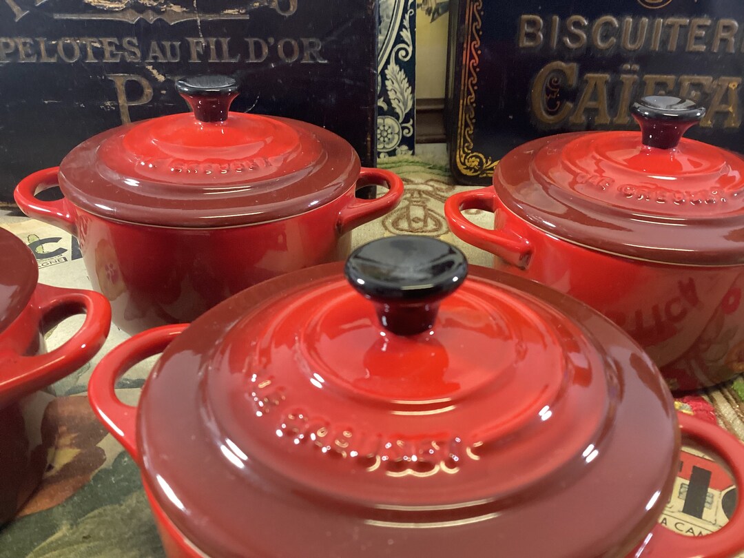 Set of 2 French Le Creuset Red Ceramic Petite Casseroles, 2 Red Le