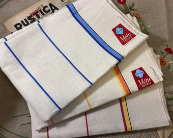 Set of 3 Never Used French Vintage Blue, Red and Yellow, Orange and Yellow Stripes Tea Towels, Fleur Bleue Tea Towel Cotton and Linen Weft
