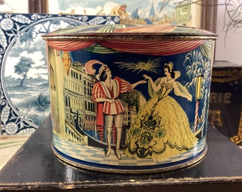 French Antique/Vintage Tin Box Decorated with Theatre Scenes from Venice Carnival, Venetian Masquerade Ball Tin Metal Box, Coq Blanc Paris