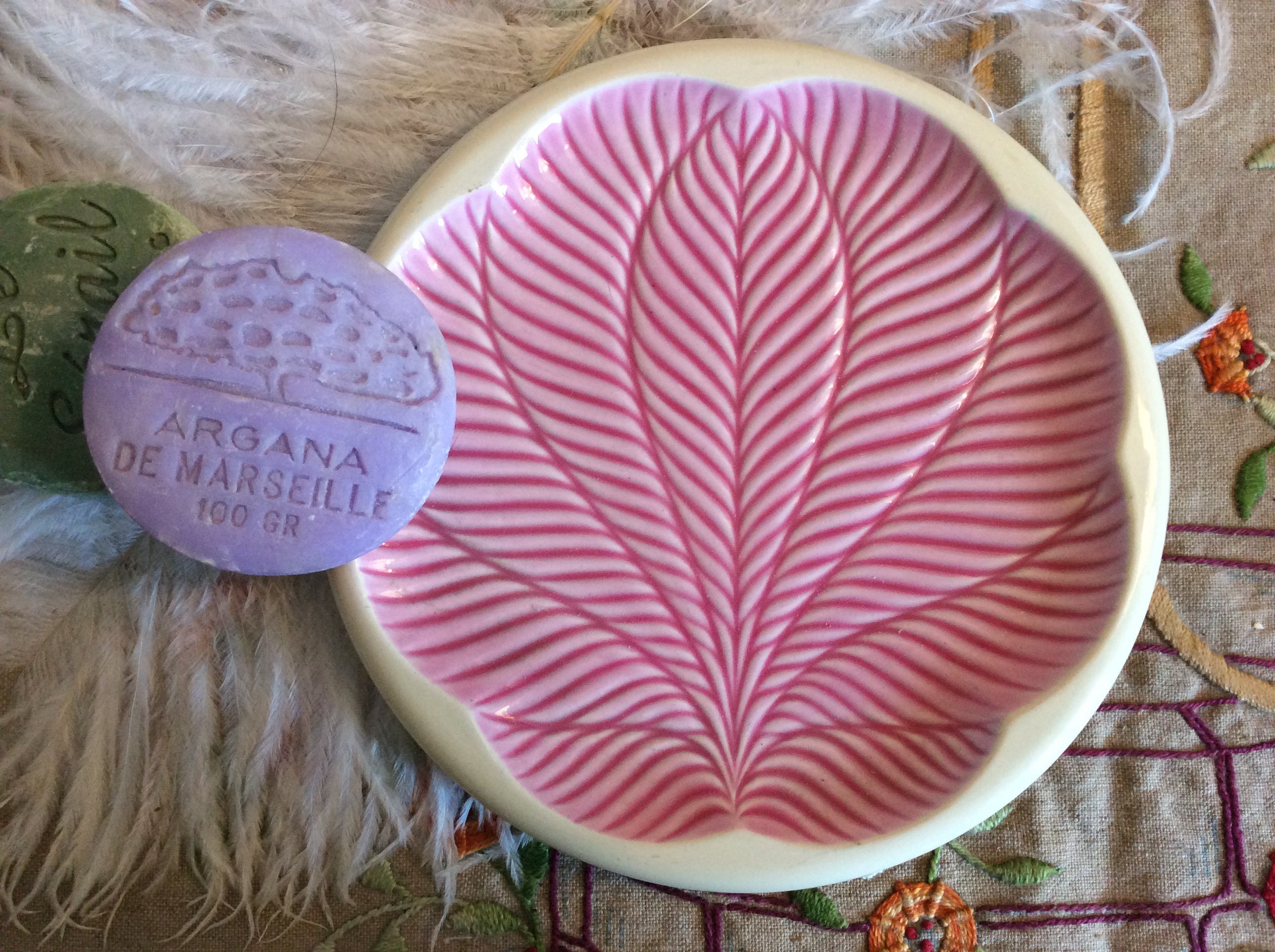 Vintage Verceram Pink Leaf Design Petite Assiette, Rose Lotus Flower Trinket Tray, Boudoir Decor, Pa