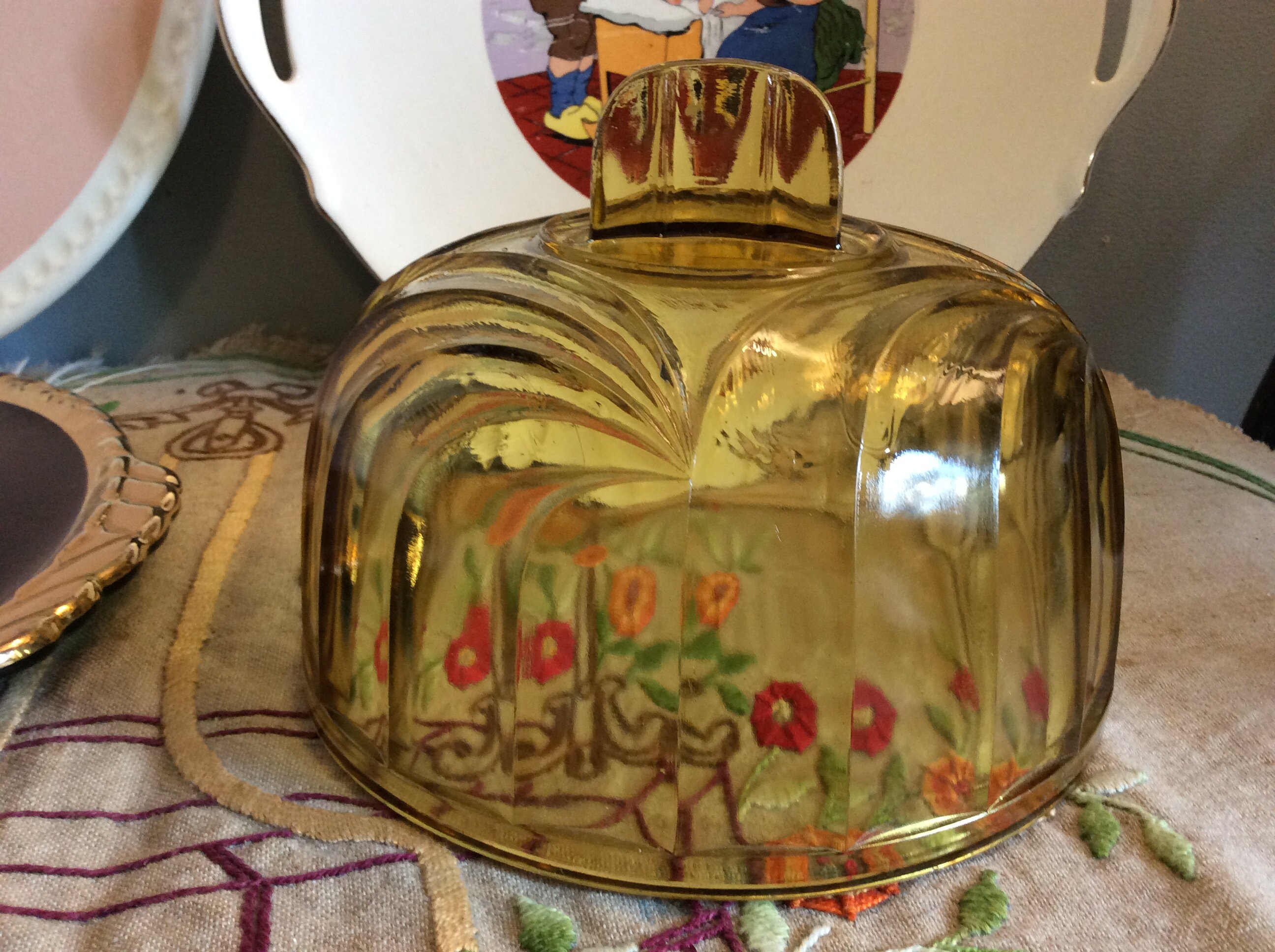 Vintage Pressed Yellow Amber Glass Cloche, Food Display Whiskey Coloured Dome, Cake Display