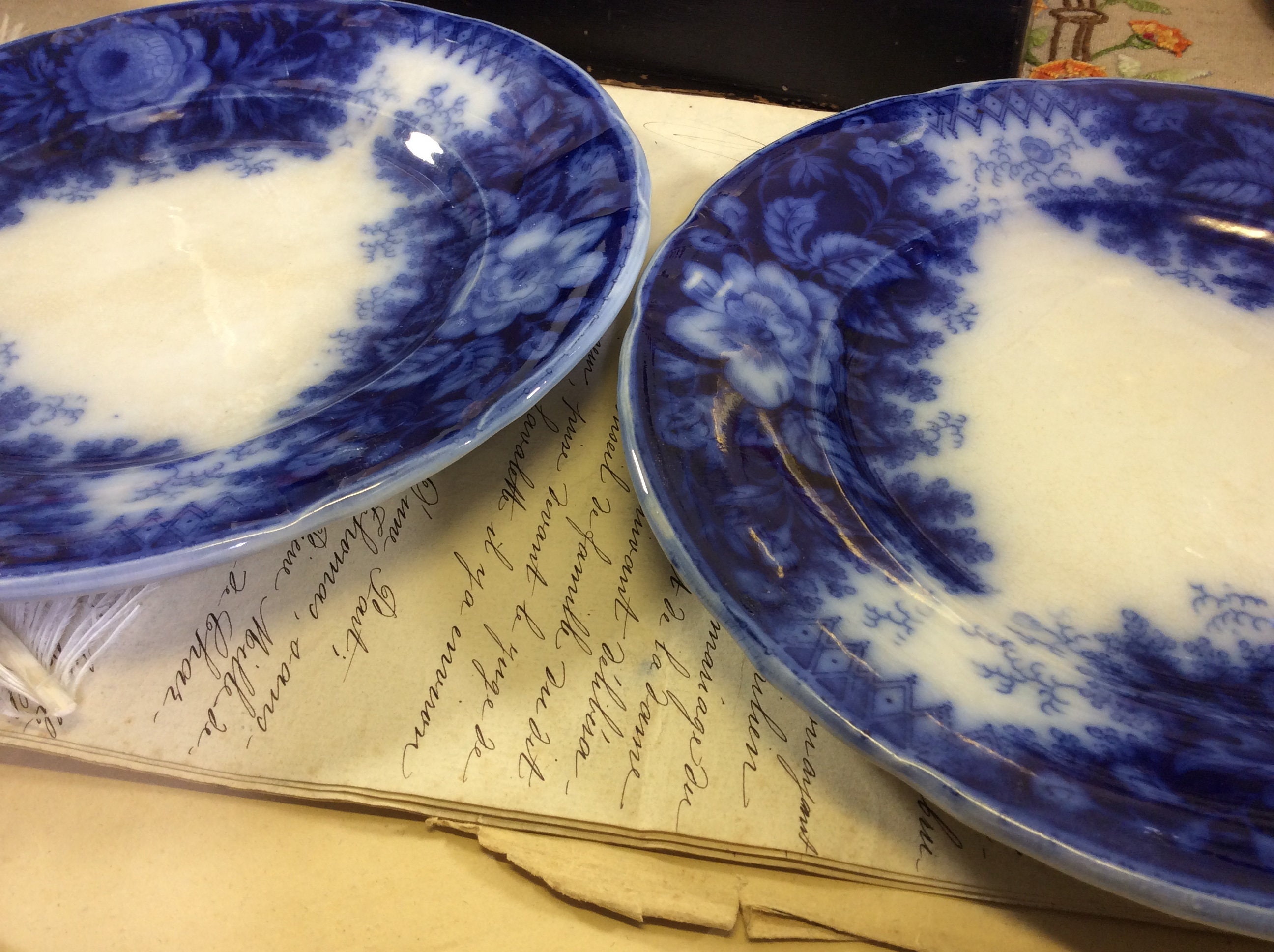 2 Antique U & Cie Sarreguemines Jardiniere Distressed Dark Blue Floral Plaques, Navy Français Plates