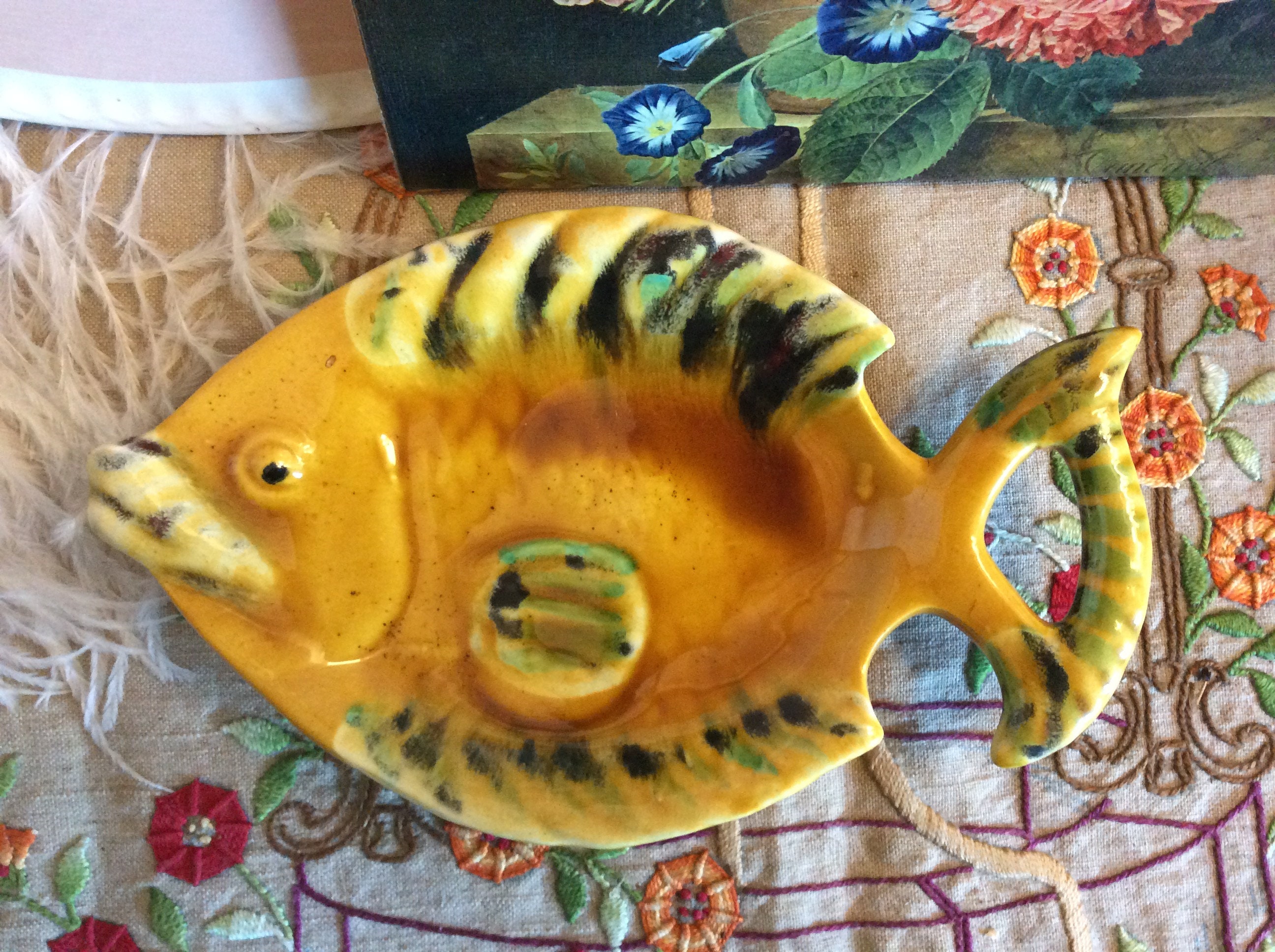 Français Vintage Ceramic Fish Shaped Butter Dish - Retro Vallauris Mid Century Coin Dish