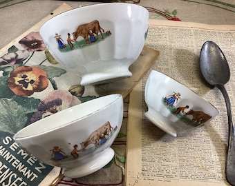 Set of 3 French Vintage Country Life Cafe au lait bowls, Rustic Decor French Cafe bowls, Pastoral Decor, Cow, Milkmaid, French Farm Bowl