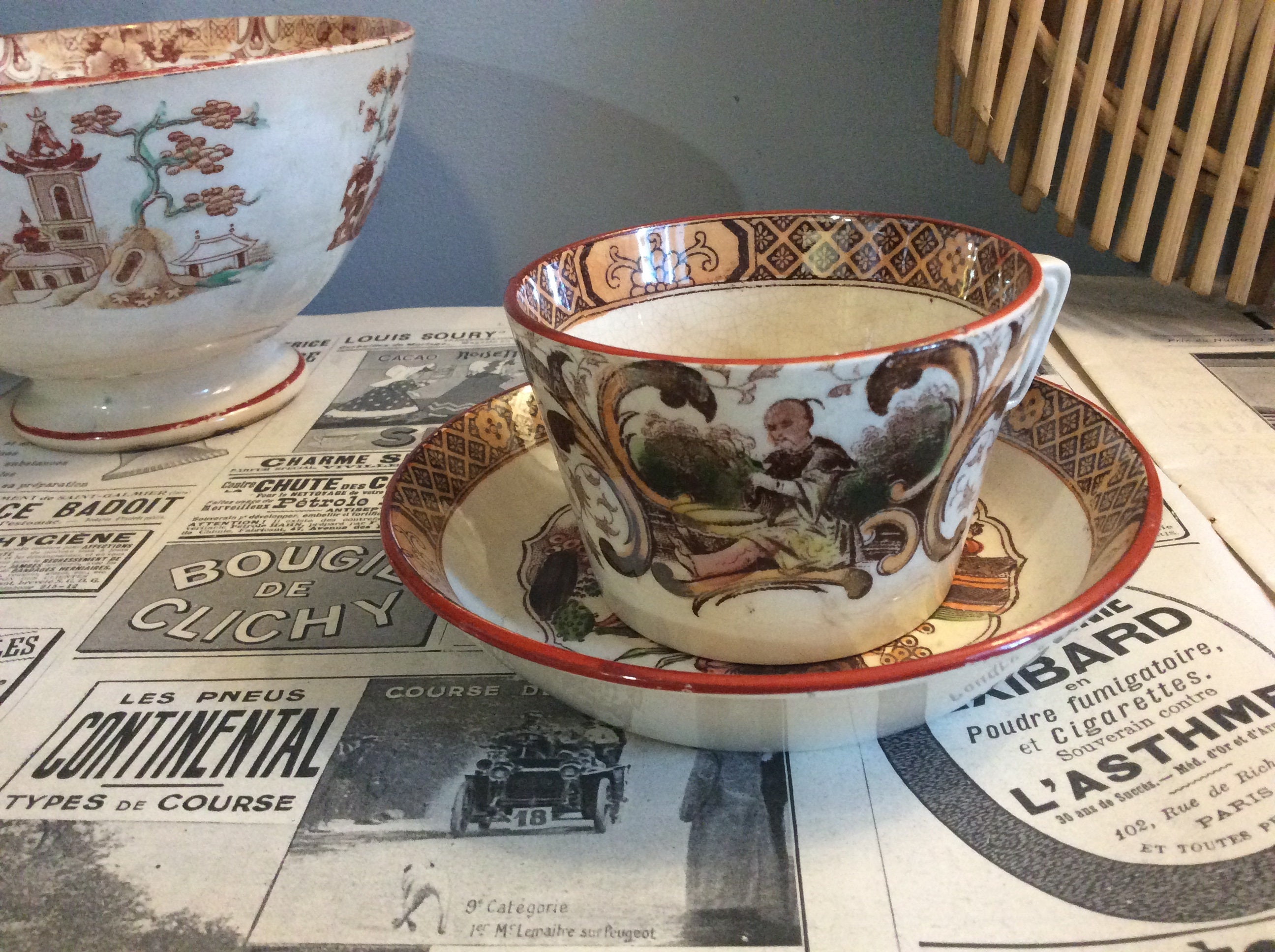 Antique Sarreguemines Chinoiserie Cup & Saucer