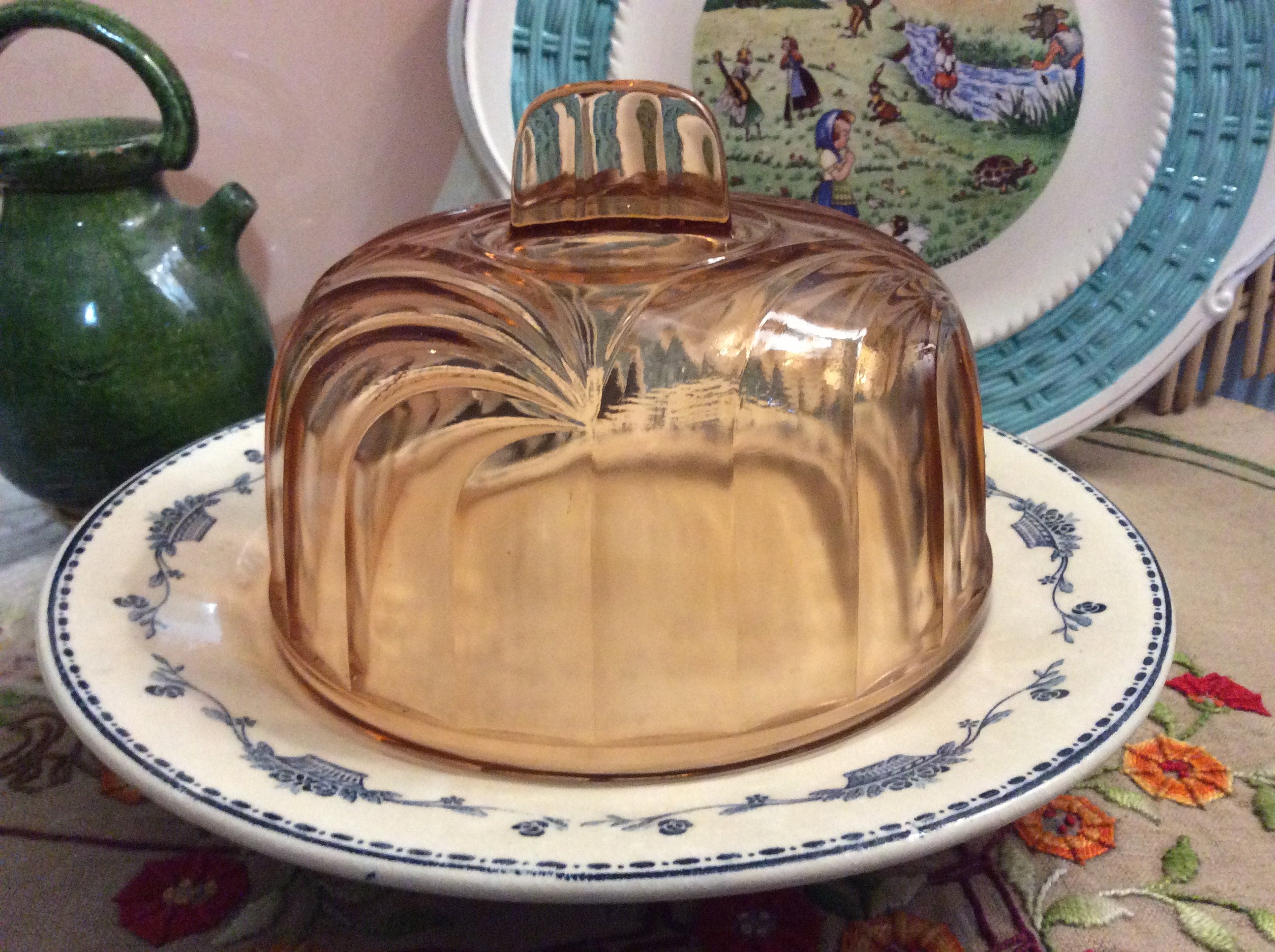 Vintage Pressé Pêche Rose Verre Cloche, Food Display Pink Glass Dome, Cake Display