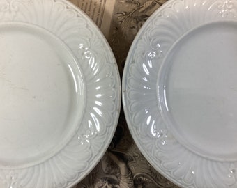 2 French Antique Creil et Montereau Opaque Porcelain Distressed Plates, L. M. & Cie White Scalloped Plates, Antique Shabby Plates L M Cie