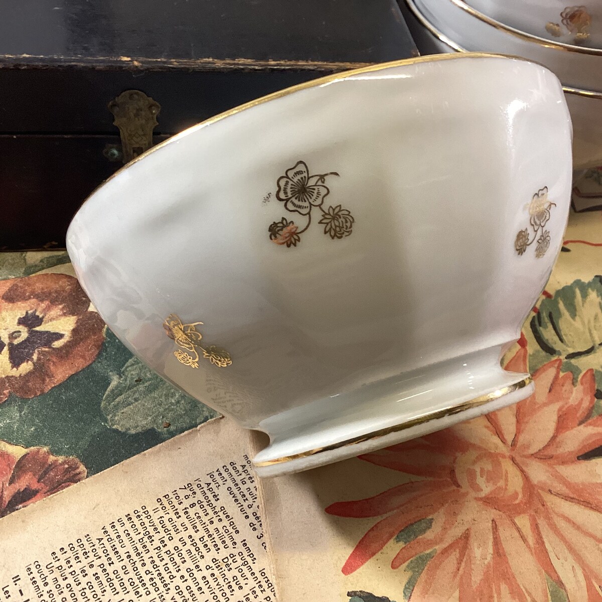 Set of 2 French Vintage Porcelain Cafe Au Lait Bowls- Gold Flowers