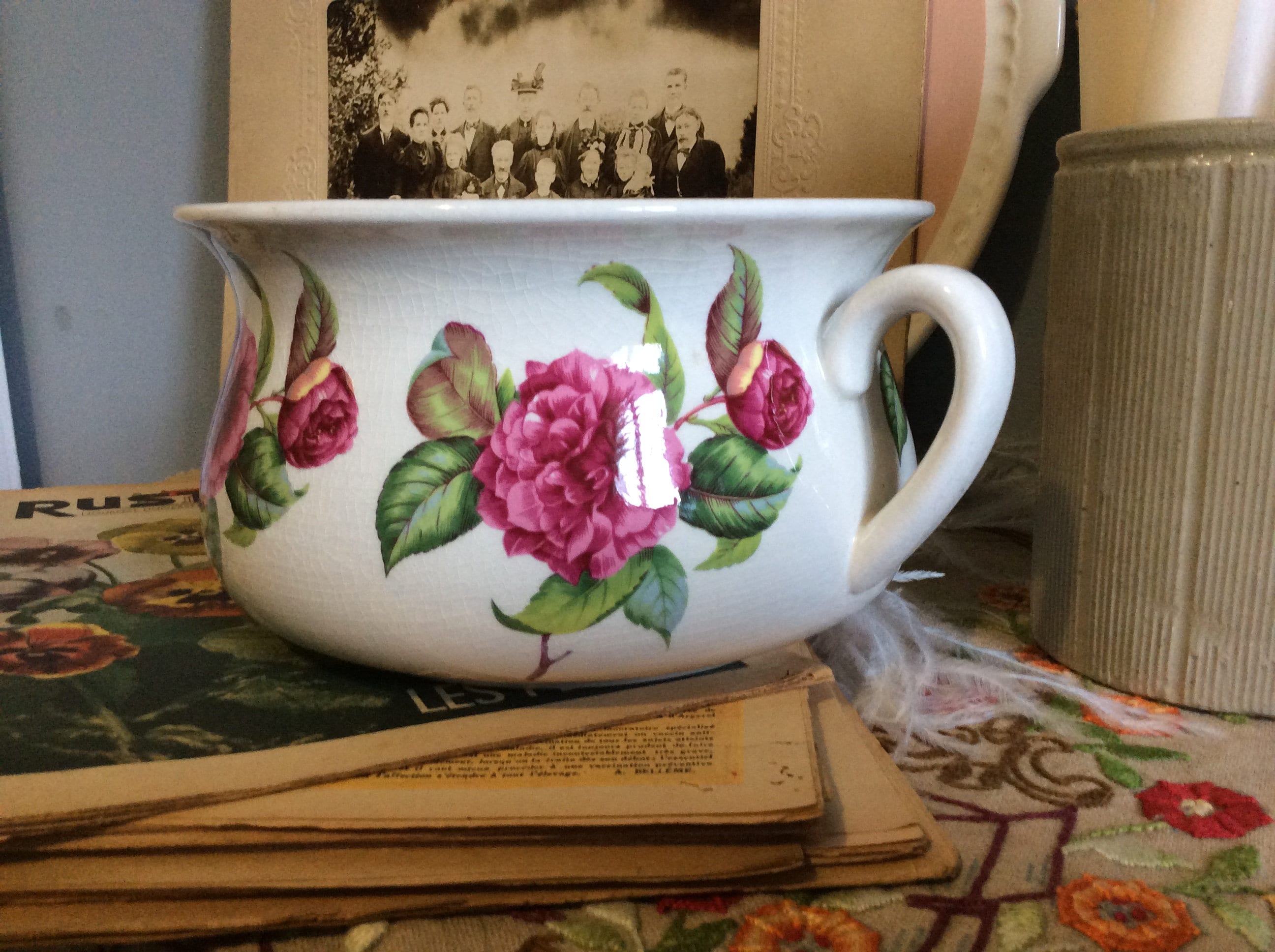 Beau Pot de Chambre Vintage Portmeirion English Roses, Céramique Poterie Anglaise Pink Roses Potty, 