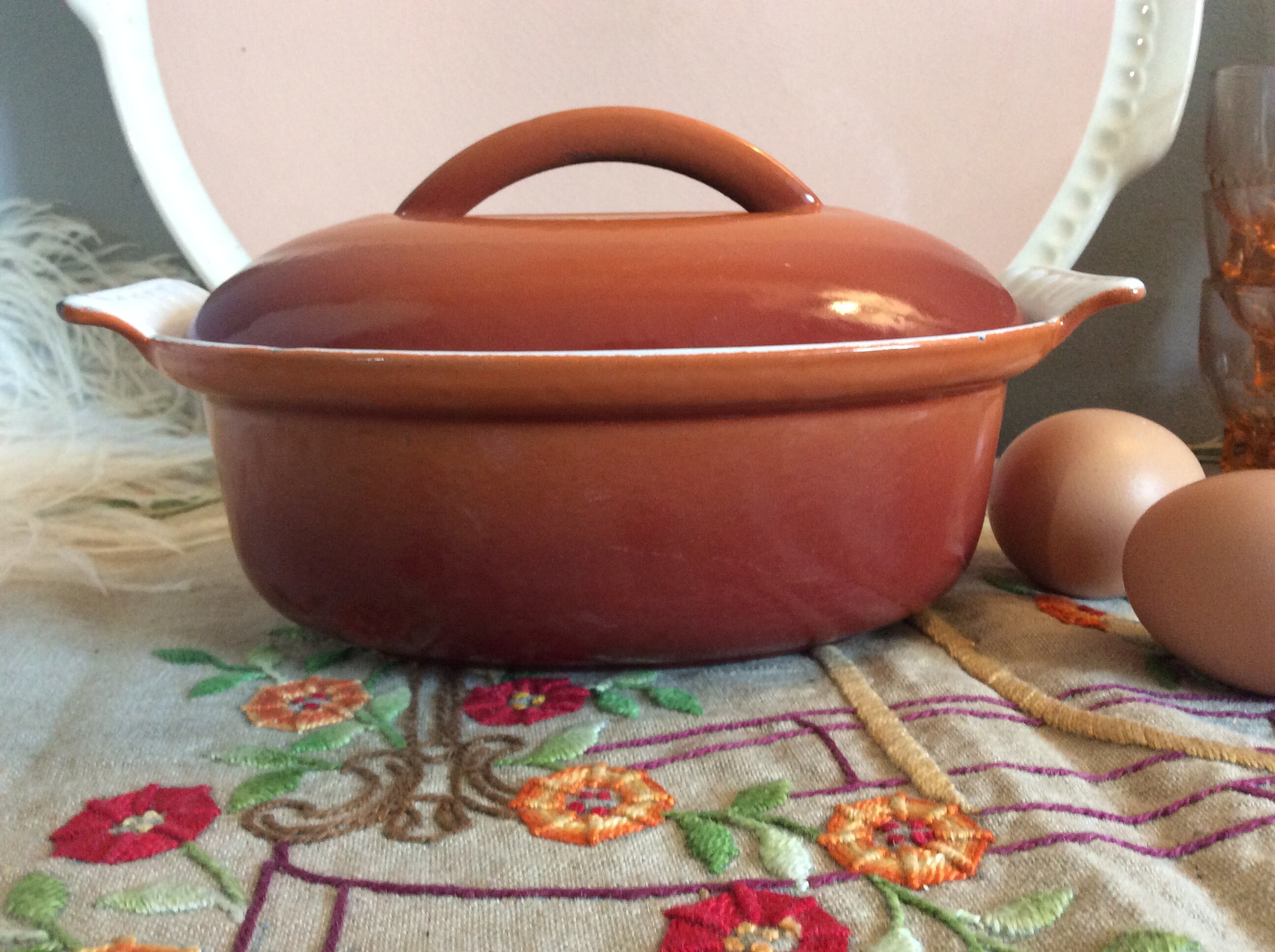 Plat de Four à Couvercle en Cuivre Émail Vintage, Casserole Fonte Émaillée Made in Holland, Plat Ova