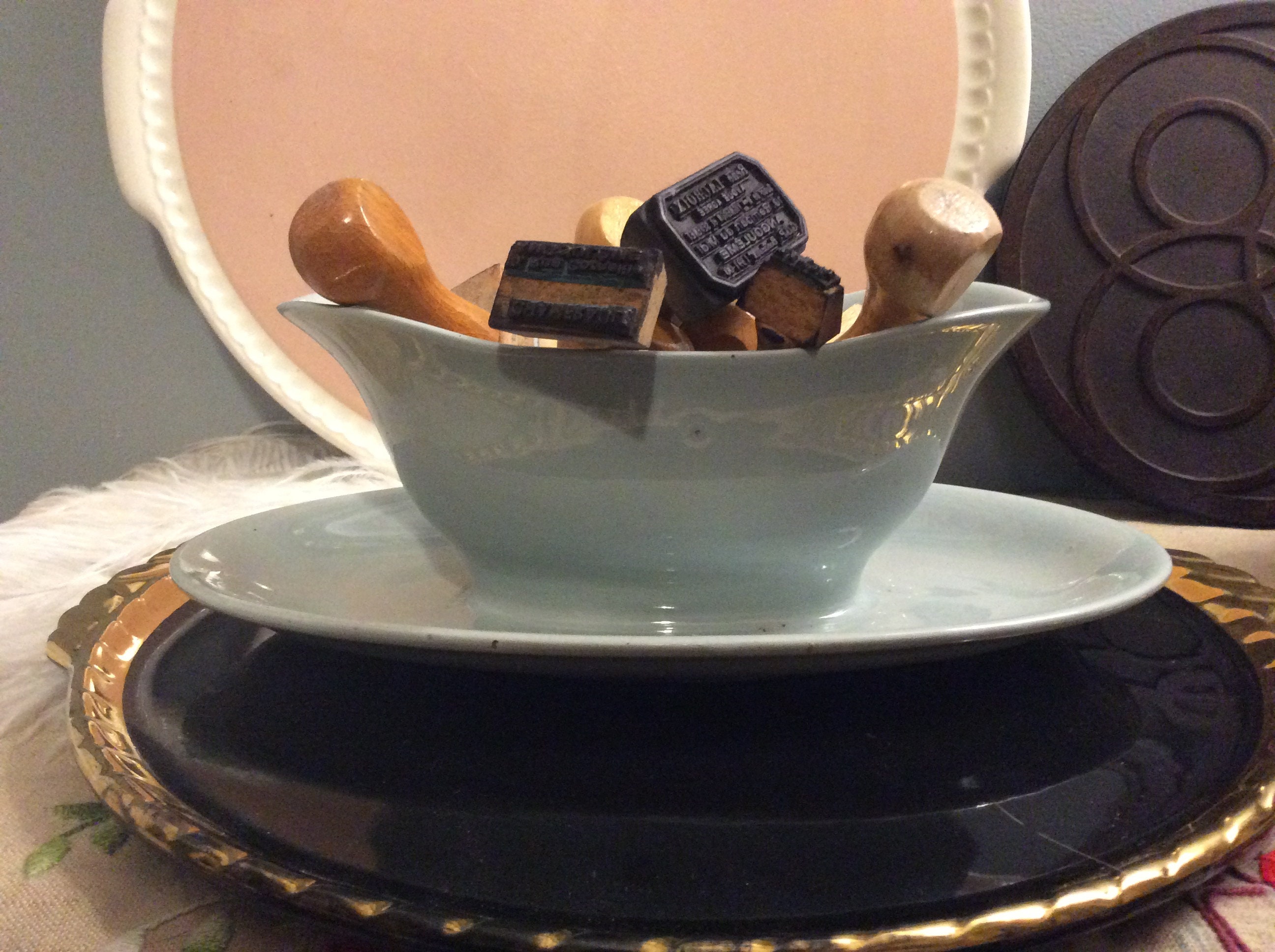 Antique Français Longwy Baby Blue Saucer, Gray Gravy Boat, Vintage 30S Sauce Pale Art Déco Ceramic B