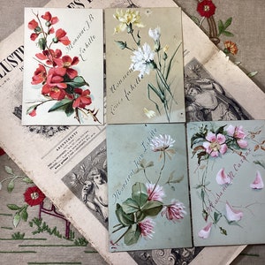 4 French Antique 1901 Menus Hand Painted Floral Cards - Printed French Menus from 1901-Restaurant Prop