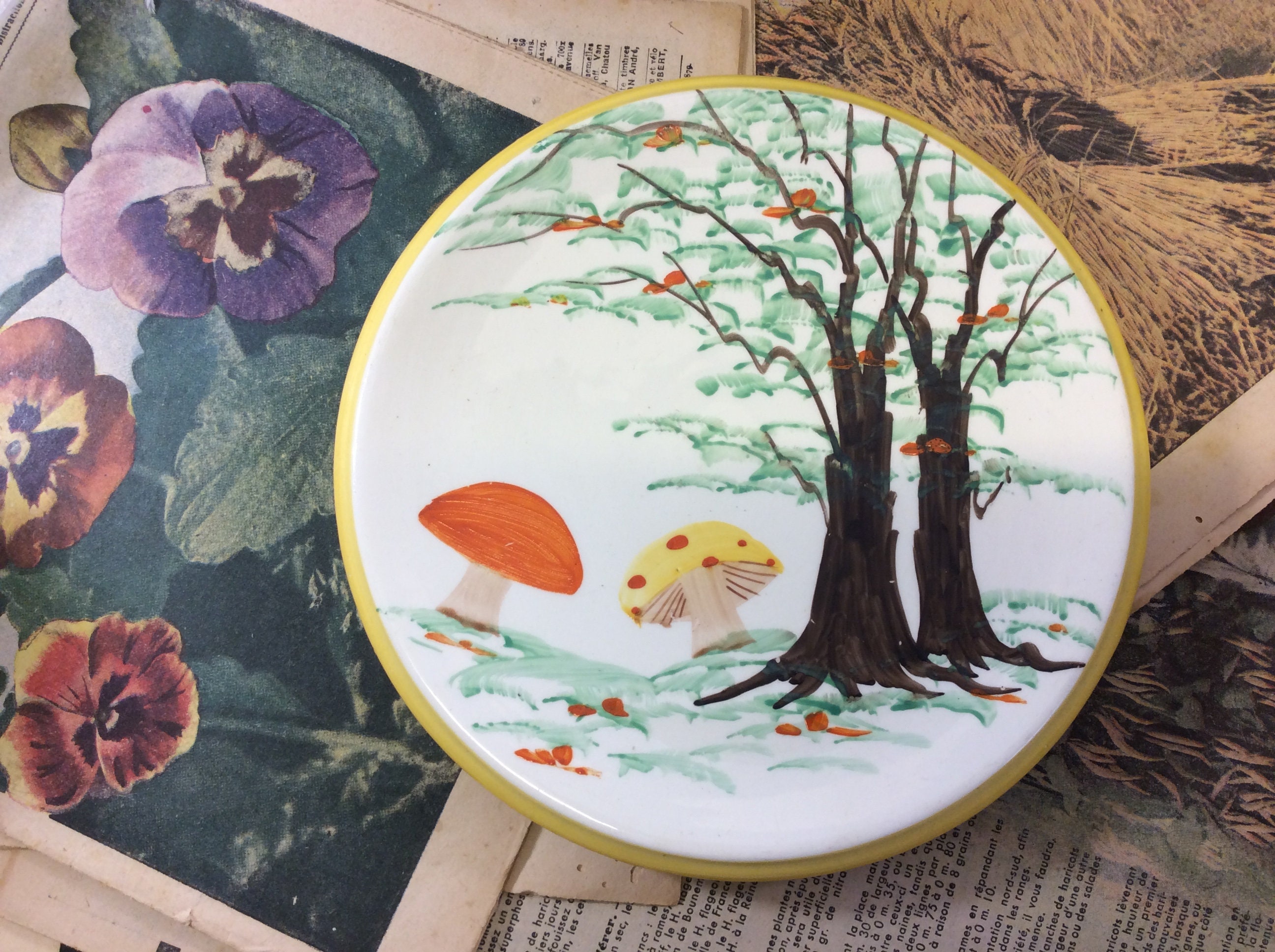 champignons en céramique vintage décorés sous-verres ronds - champignons dans un dessous de plat forestière plaque décorative anglaise peinte