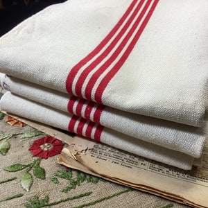 Set of 3 Never Used French Vintage Red Stripes Thick Tea Towels Toile Metis Fleur Bleue, French Country Kitchen Tea Towel Cotton and Linen