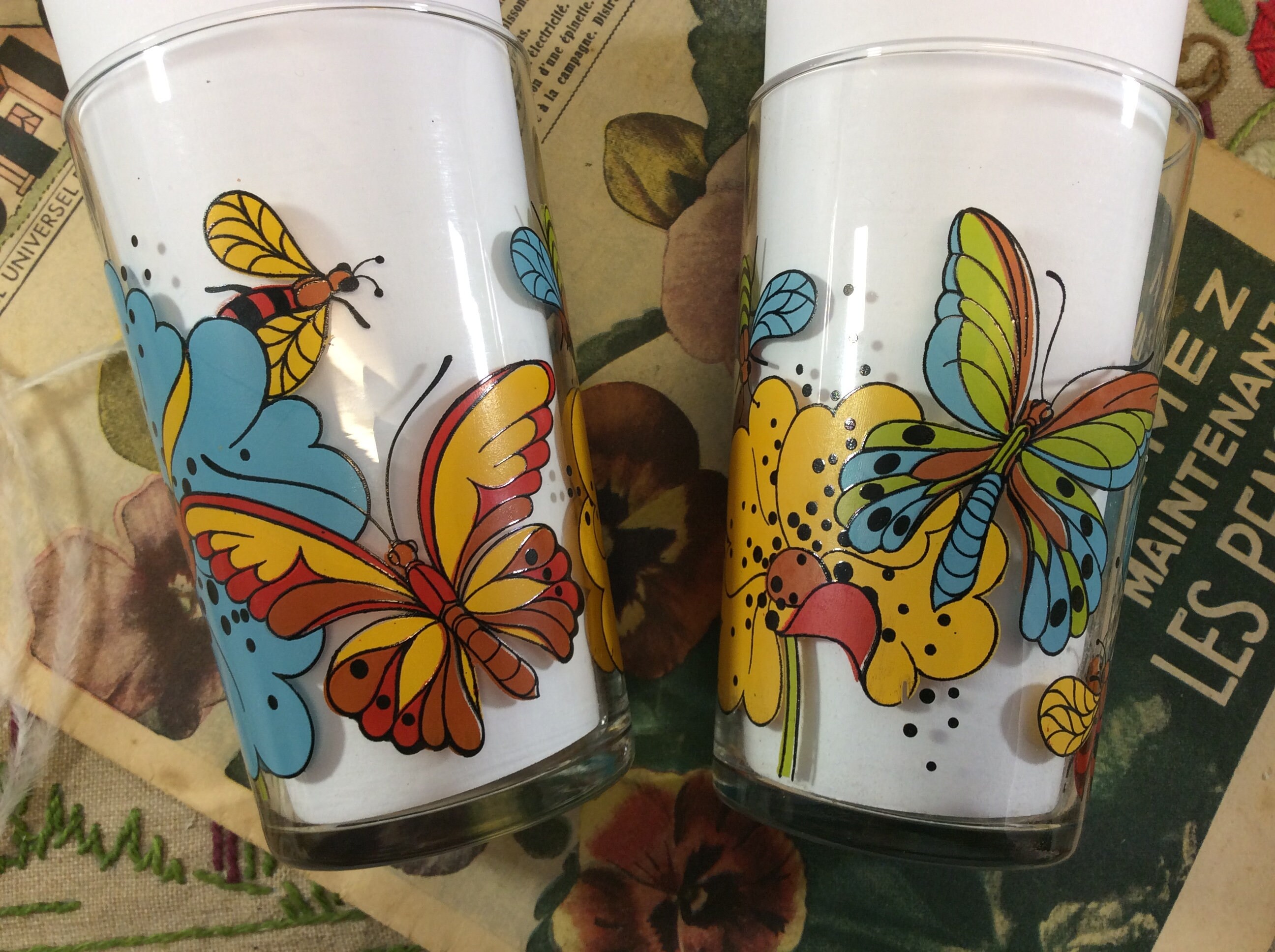 2 Français Vintage Fleurs, Papillons et Insectes Verres à Thème - Vintage Floral Fauna Tumblers Pop 