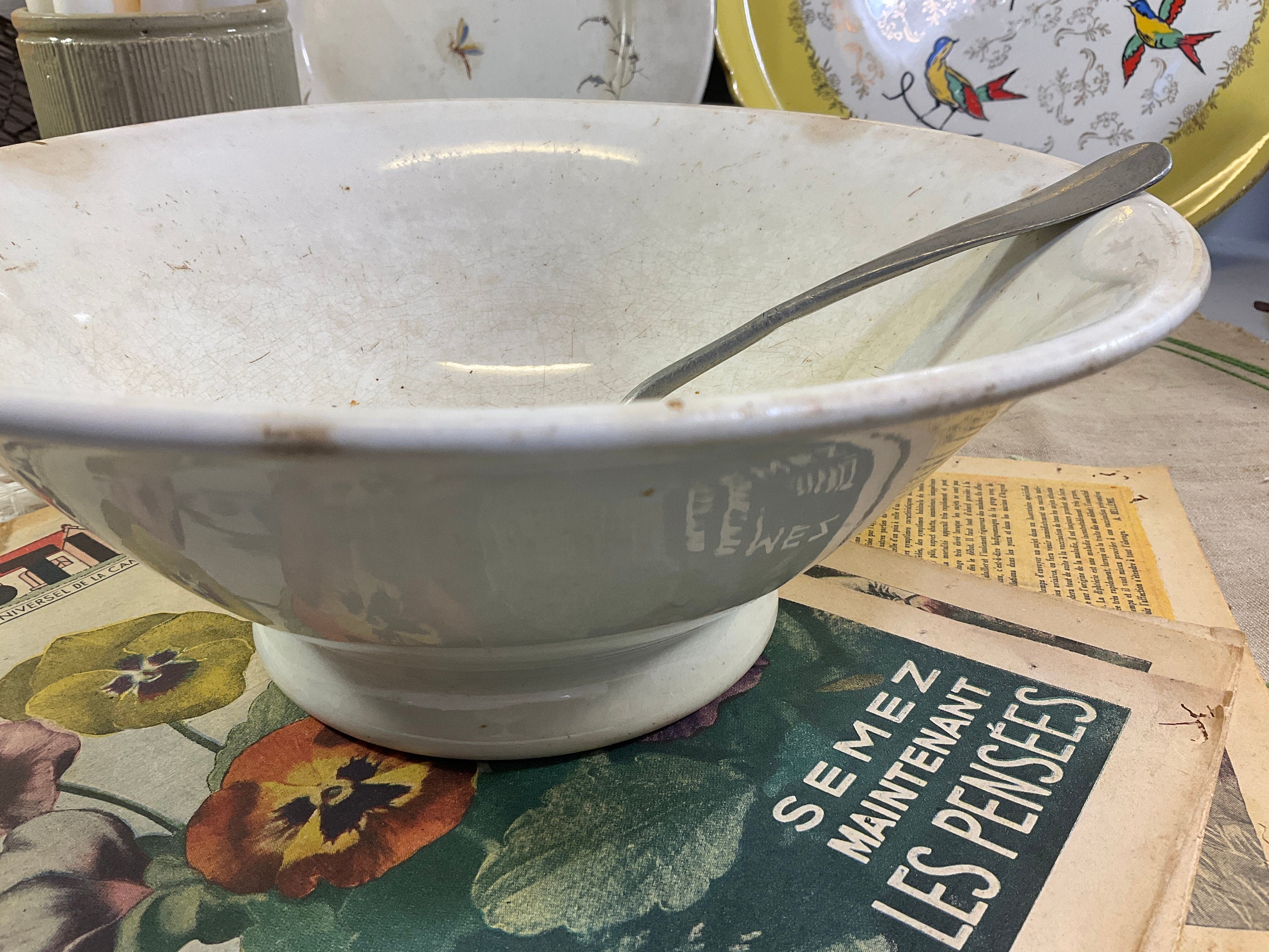 Antique Creil et Montereau Grand Deep White Bowl, Distressed Antique Serving Turn Of The Century Dis