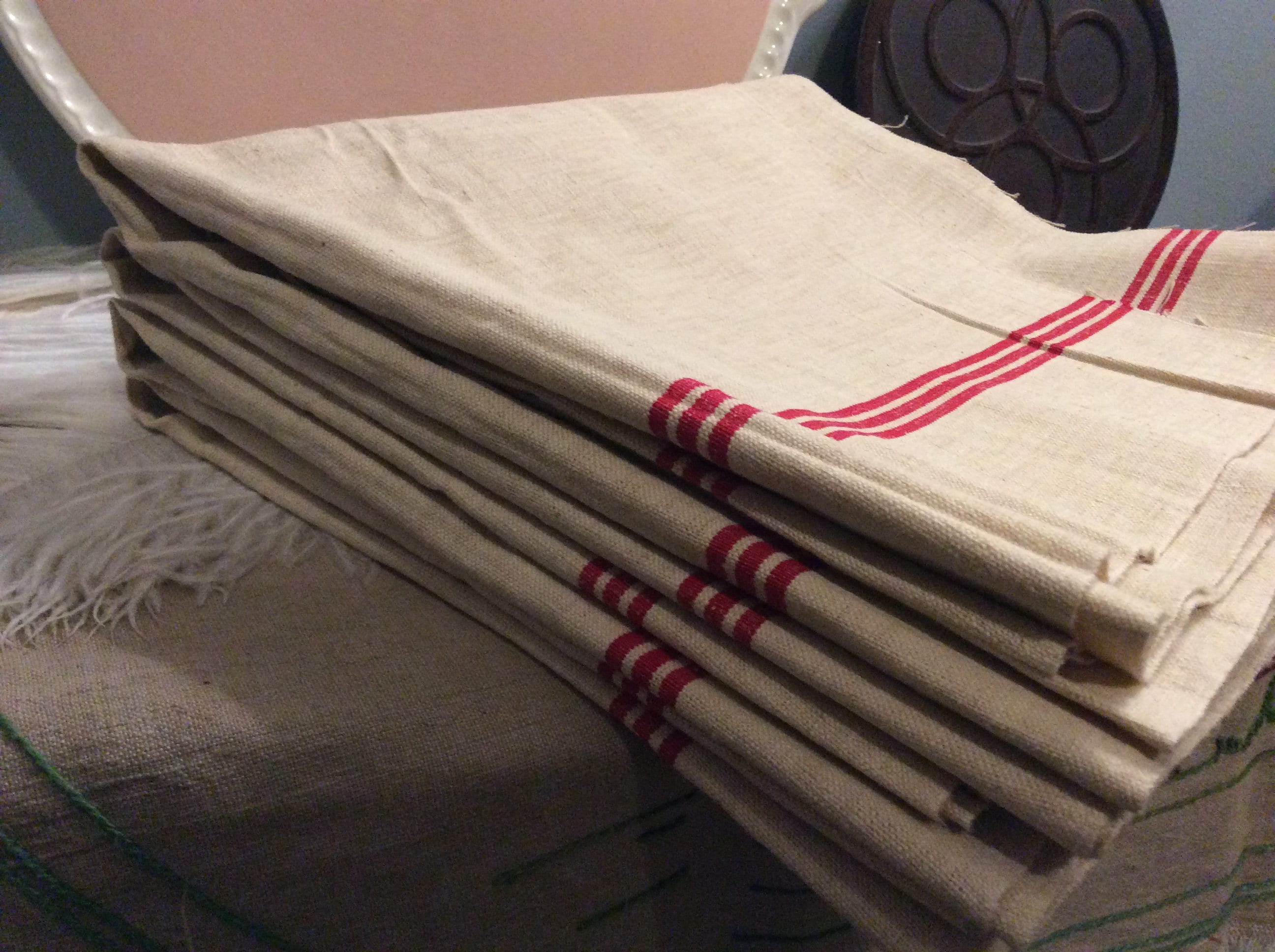 4 Large Français Vintage Tea Towel Fabric - Vintage Red Stripes Towels Linens Draps de Cuisine Metis