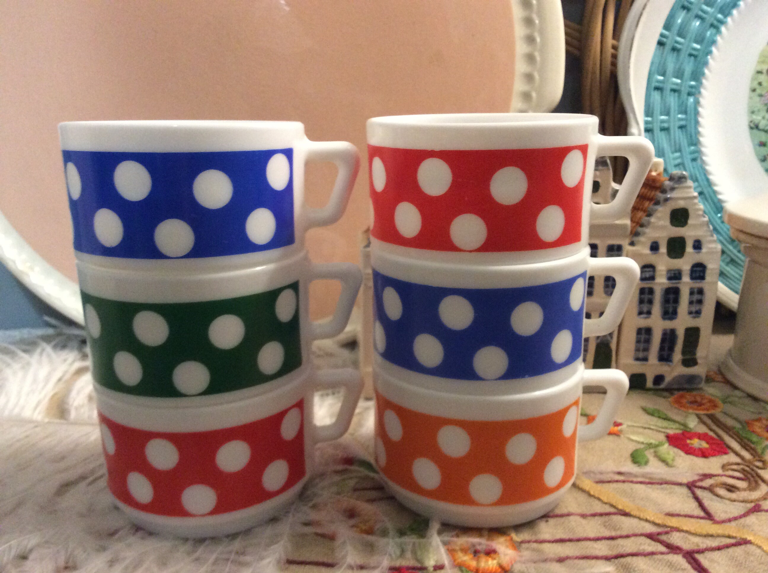 6 Français Tasses à Pois Arcopal, Café Points Bleus Tasse Verts Thé Arcopal