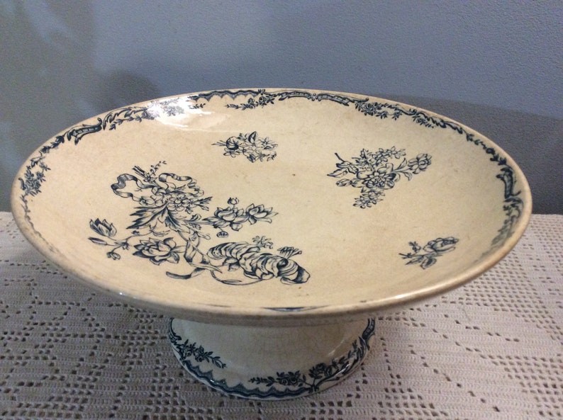 French Antique Salins Compotier Blue Flowers Cake Stand Antique French Salins Saxe Footed Plate