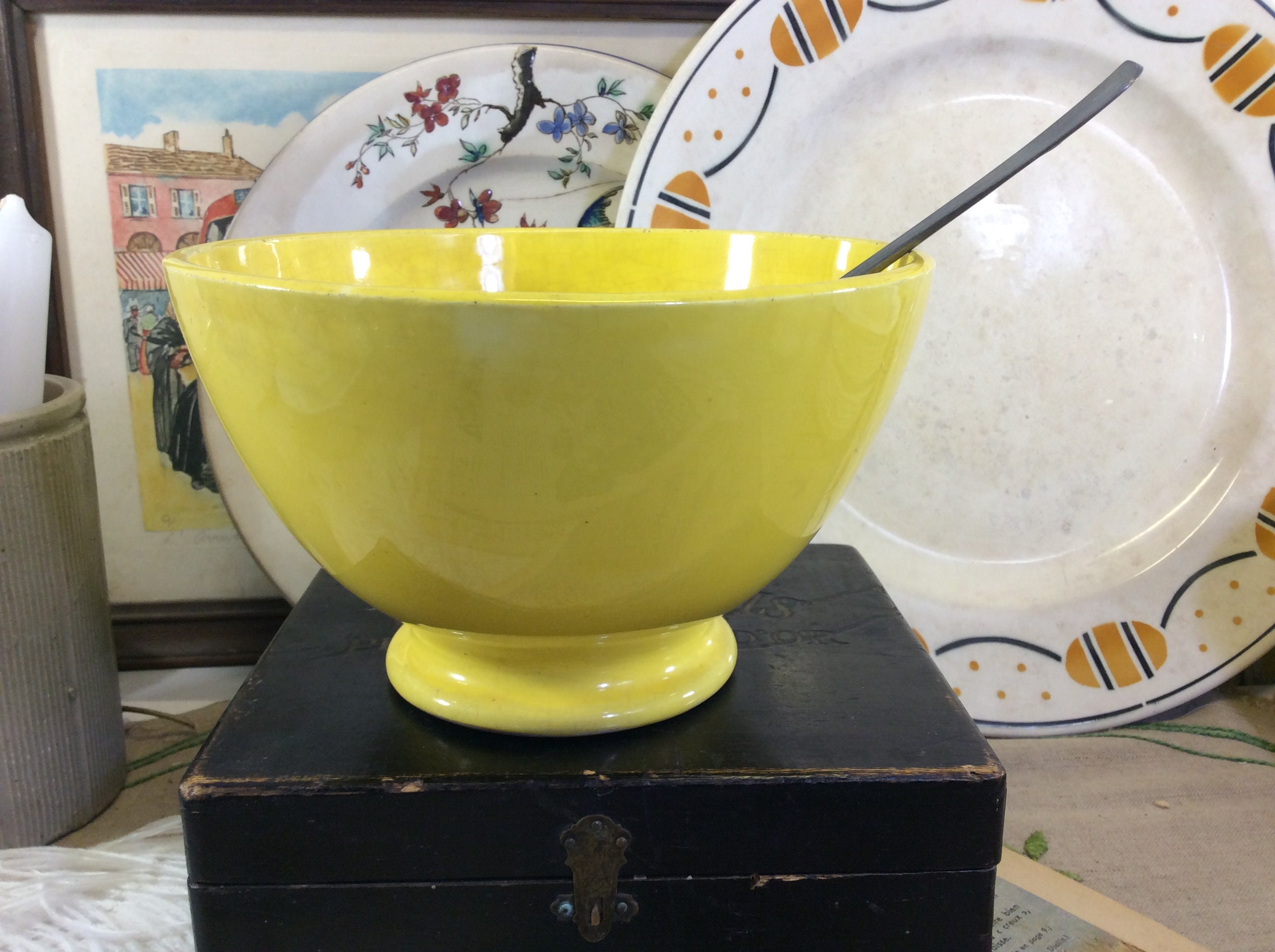 Français Bol Vintage Bright Yellow Cafe Au Lait, de Petit-Déjeuner Jaune Citron, Grand à Café Soleil