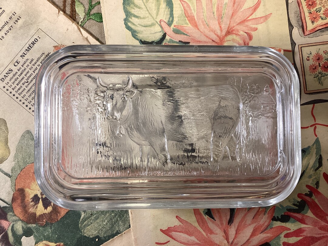 Vintage French Glass Cow Butter Dish French Arcoroc Pressed Etsy