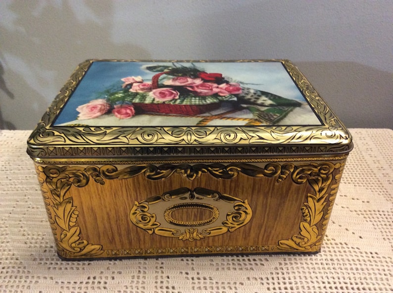 Roses Decorated Embellished Tin Box Old Collectors Metal Sweet box Vintage French Embellished Tin Chocolate box