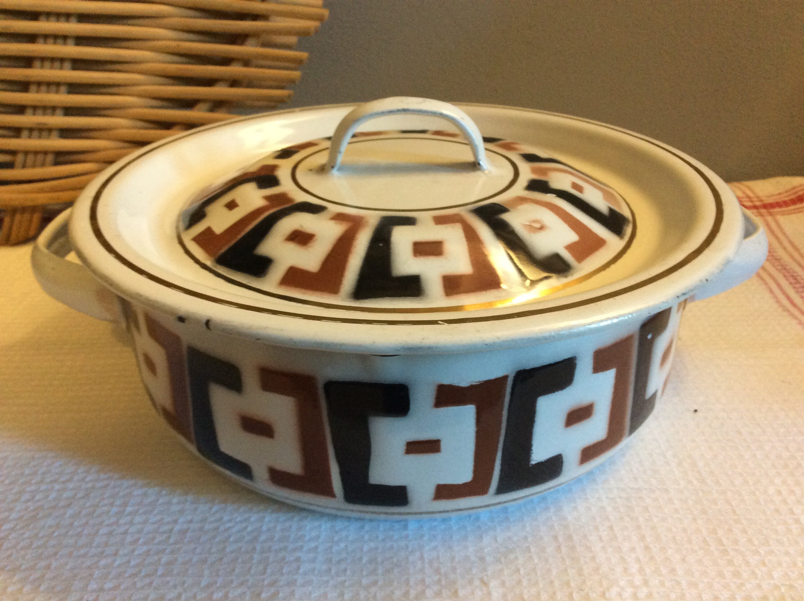 Vintage Émail Métal Bidon-Motif Géométrique Boîte de Rangement-Français Vintage Pot d'émail-Cuisine 