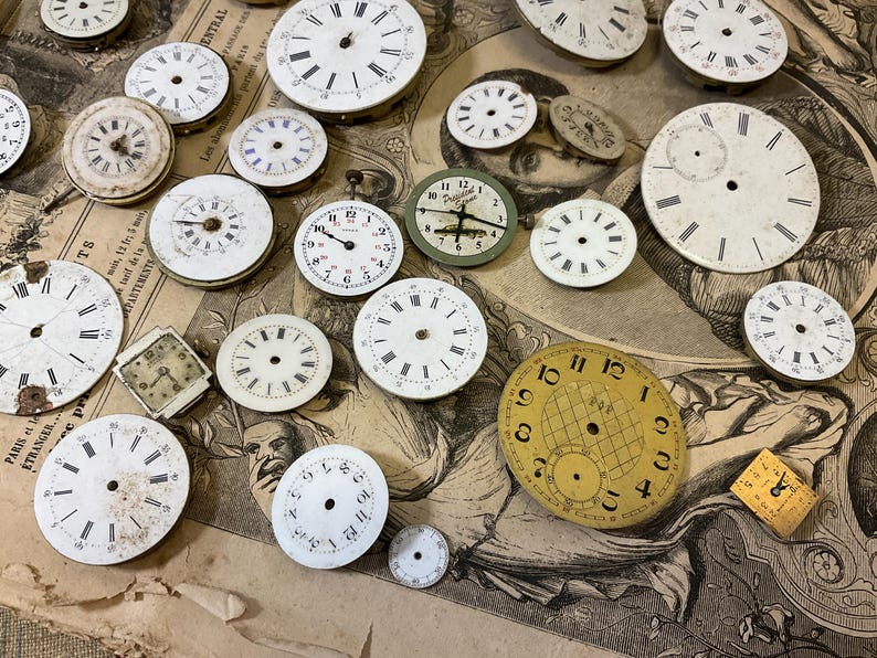 Bundle of French Antique Enamel Metal Watch Faces and Parts for Craft