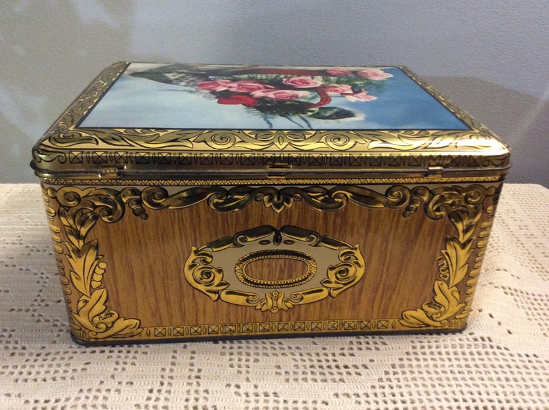 Roses Decorated Embellished Tin Box Old Collectors Metal Sweet box Vintage French Embellished Tin Chocolate box