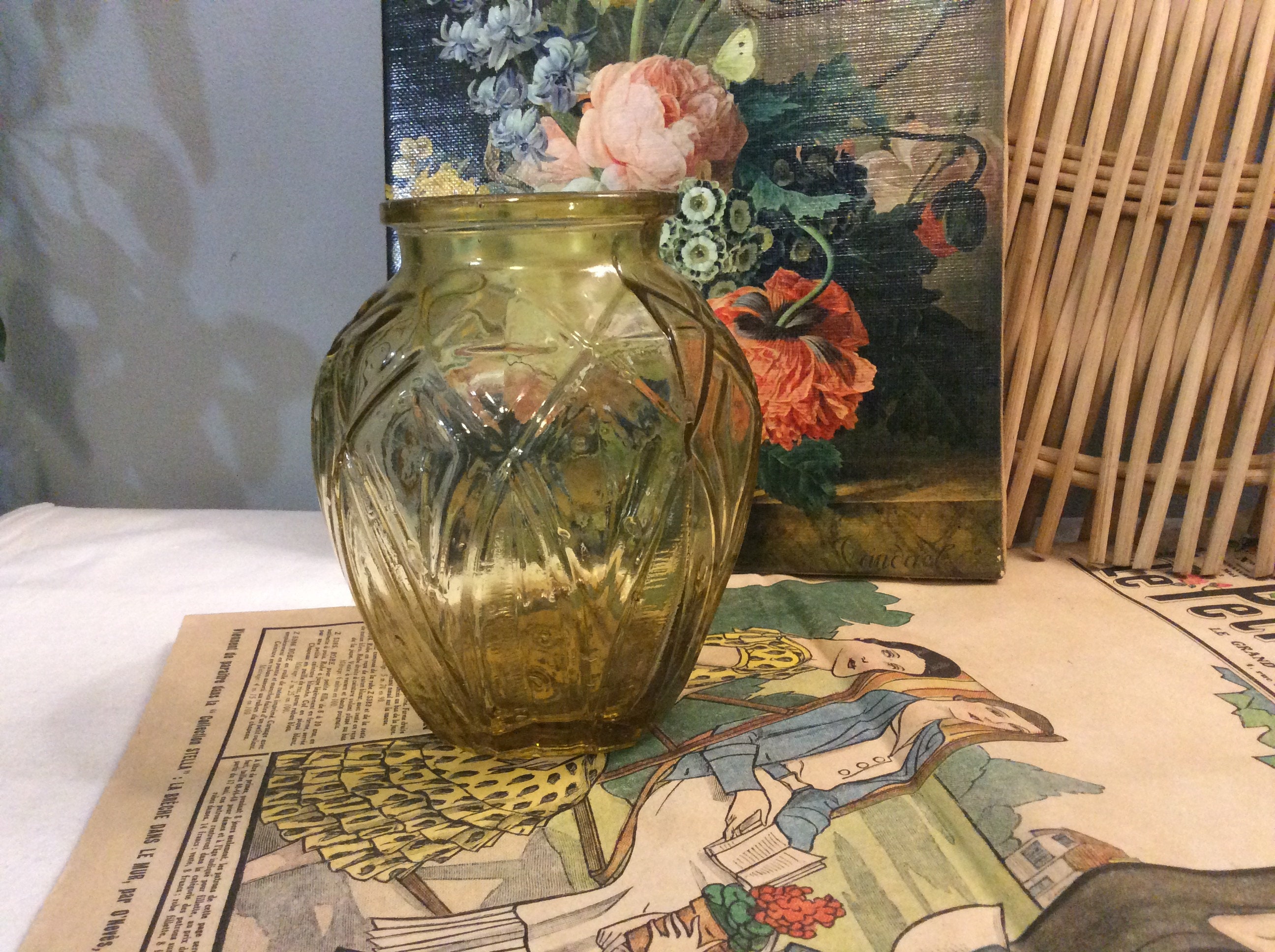 Français Vase en Verre Jaune Vintage - Vase Motif Géométrique Ambre Clair Français 20S 30S