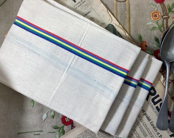 Set of 3 Never Used French Vintage Rainbow Style Stripes Tea Towels, Cotton and Linen Weft French Tea Towels, Retro Colourful Tea Towels