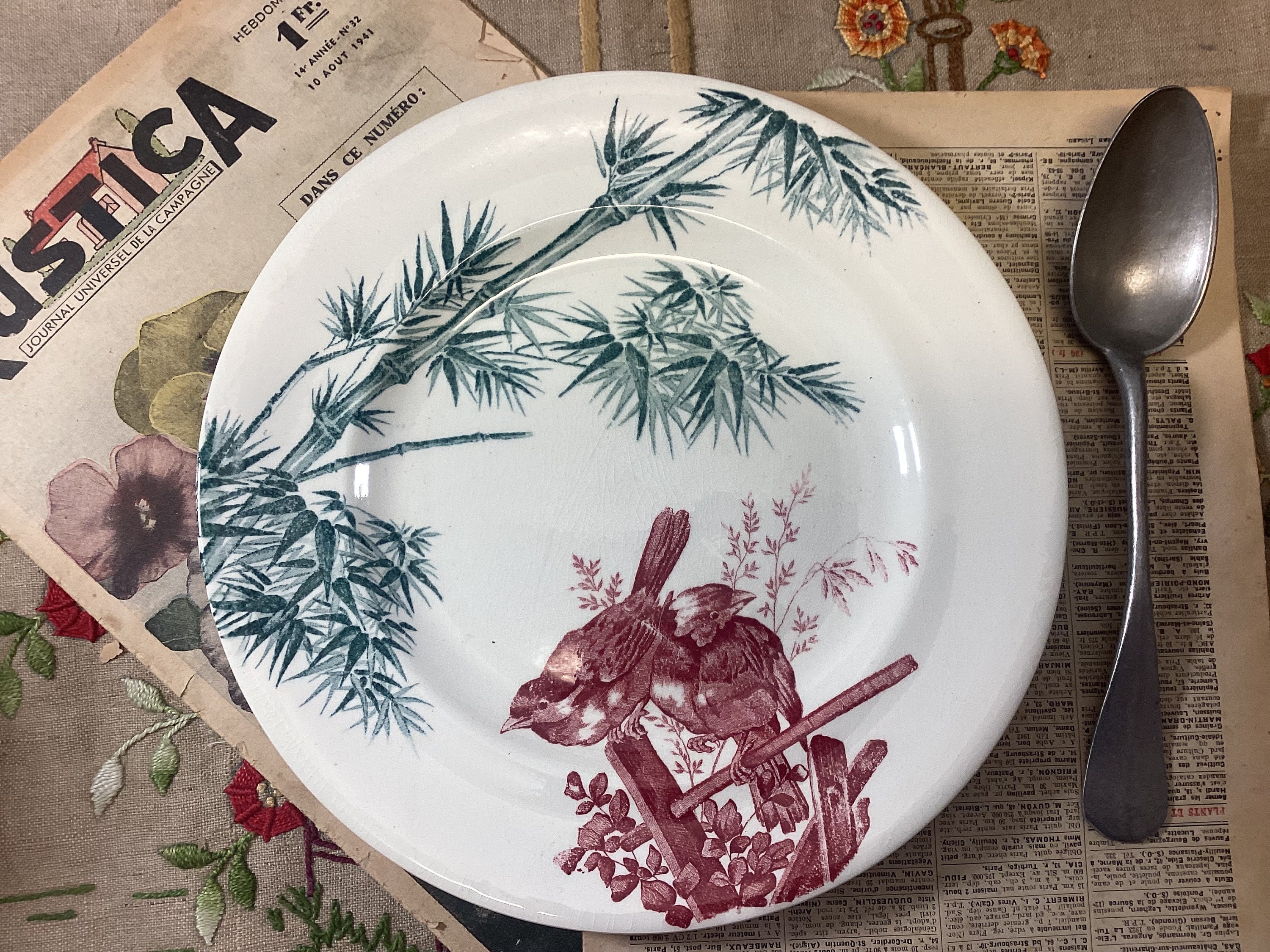 French Antique Longwy Oiseaux Birds Plate - Longwy Bamboo