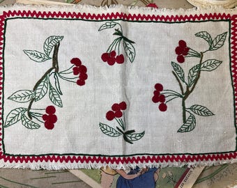French Vintage Red Cherries on Branches Hand Embroidered Doily - French Hand Embroidered Red Cherry Pattern Table Linen Centrepiece