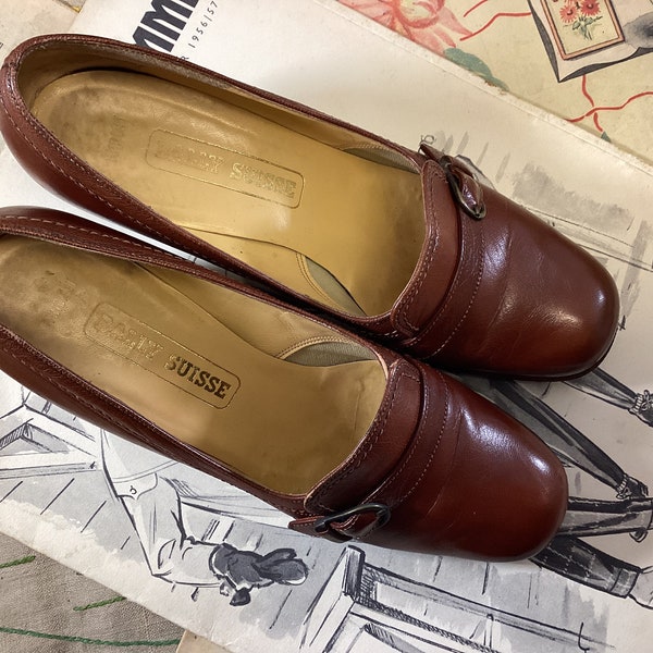 Vintage Bally Suisse Ladies Brown Leather Slip ons/Loafers with Small Heel - Bally Suisse Trident Leather Shoes
