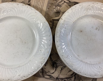 RESERVED FOR E.  Creil et Montereau Opaque Porcelain Distressed Plates, L. M. & Cie White Scalloped Plates, Antique Shabby Plates L M Cie