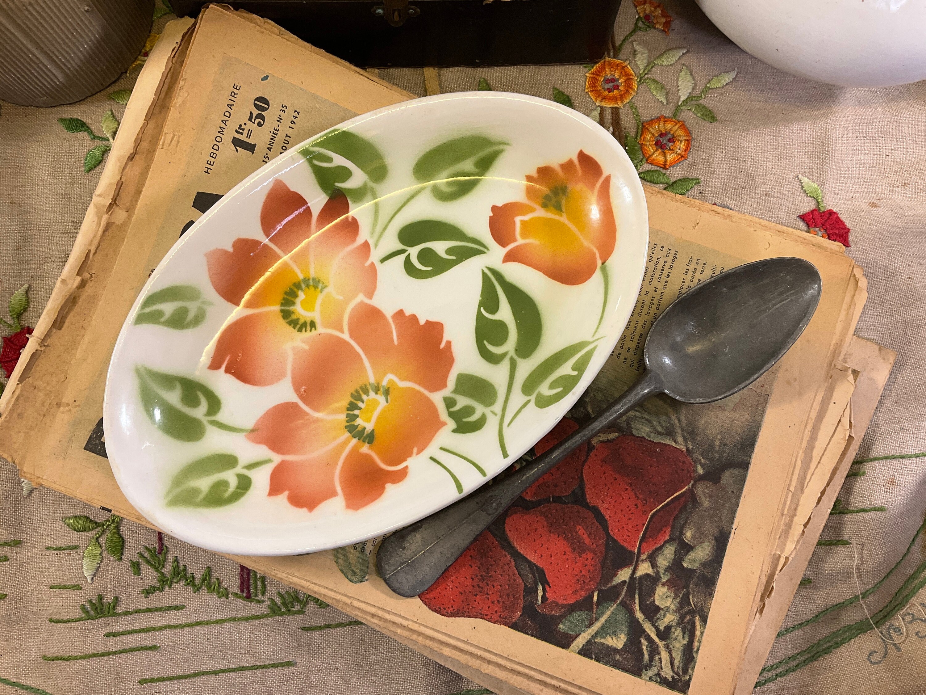 Vintage Orchies Moulin Des Loup Ontario Petit Plat de Service Ovale, Moulins Loups Ravier Floral, Fl