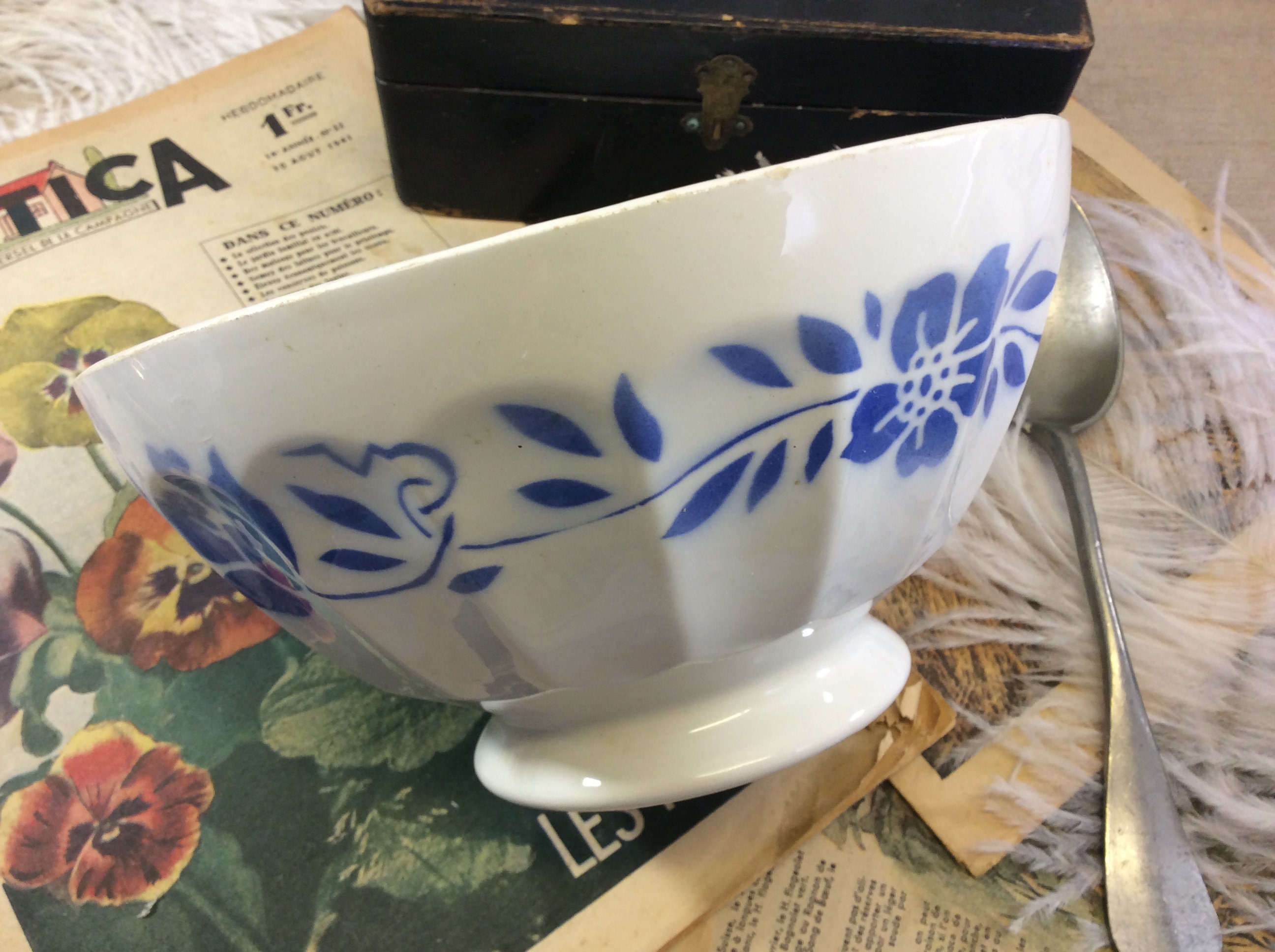 Grand Français Vintage Blue Floral Cafe Au Lait Bol, Belles Fleurs Bleu Pâle et Feuillage Bol de Pet