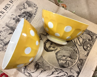 Set of 2 French Vintage Yellow and White Sarreguemines Cafe au Lait Bowls - Yellow with White Polka Shabby Sarreguemines Cafe Bowls Dots