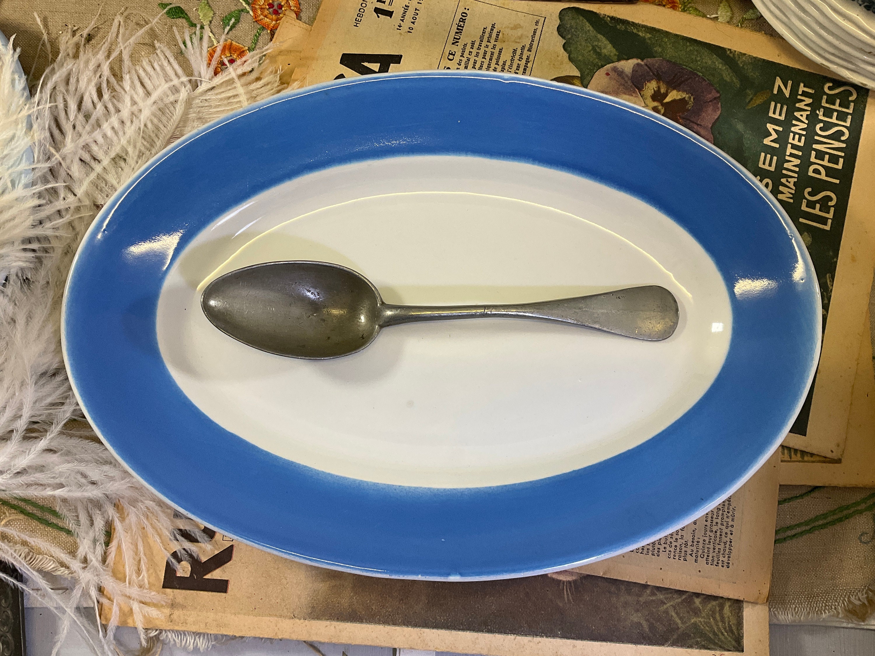 Français Plat de Service Ovale Bleu et Blanc Vintage Bleuet, Plateau Bleu, Assiette Océan Français M