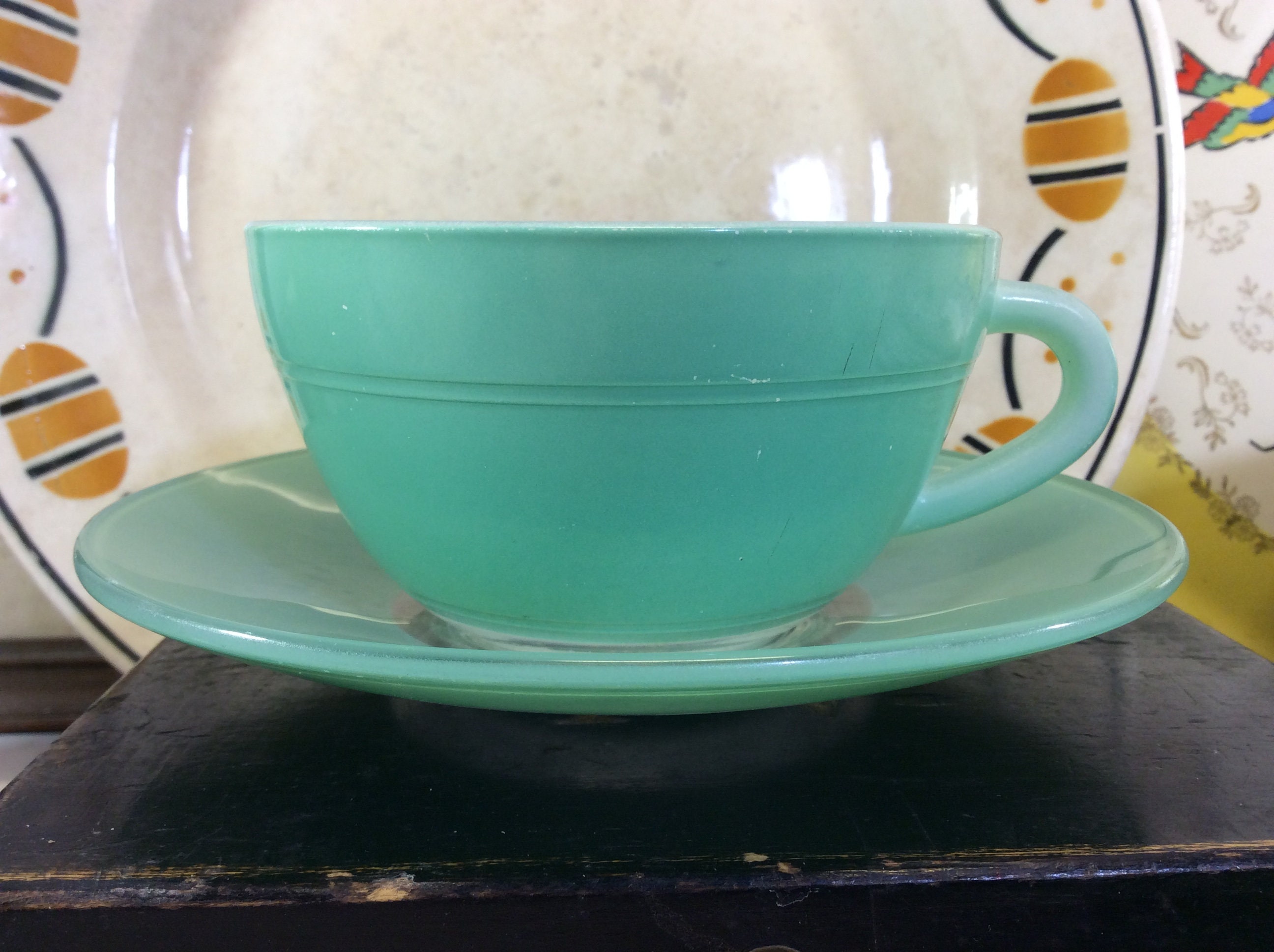 1 Grande Français Vintage Green Duralex Verre Thé/Café Tasse et Soucoupe, Chocolat Chaud Vert Soucou