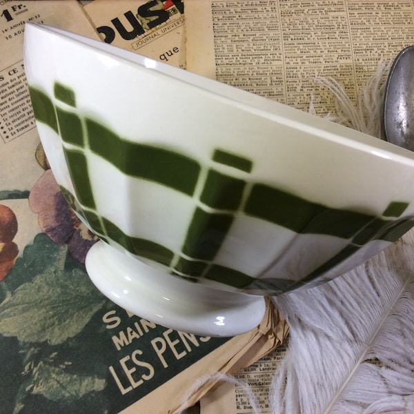 French Vintage Extra Large Green Nappe Cafe au lait bowl, Green Tablecloth Pattern Cafe Bowl, Green Checked Bowl, Green Checkered  Cafe Bowl