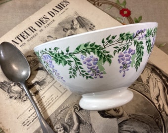 French Vintage Sarreguemines Cafe au lait Bowl Decorated with Purple Wisteria, Breakfast Bowl with Lavender Wisteria, Mauve Floral Cafe Bowl