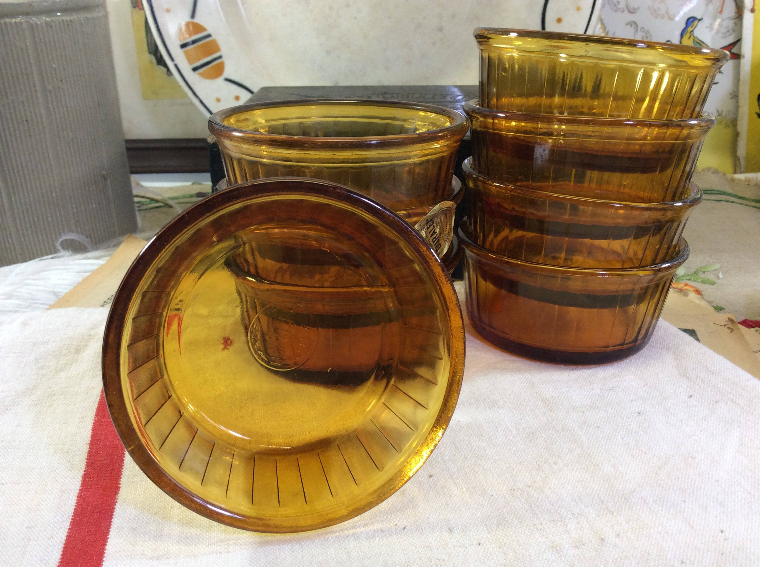 Ramequins en Verre Ambré Duralex Vintage 8 Français, Plats Individuels 8, Ramequins Orange Brûlé, Co