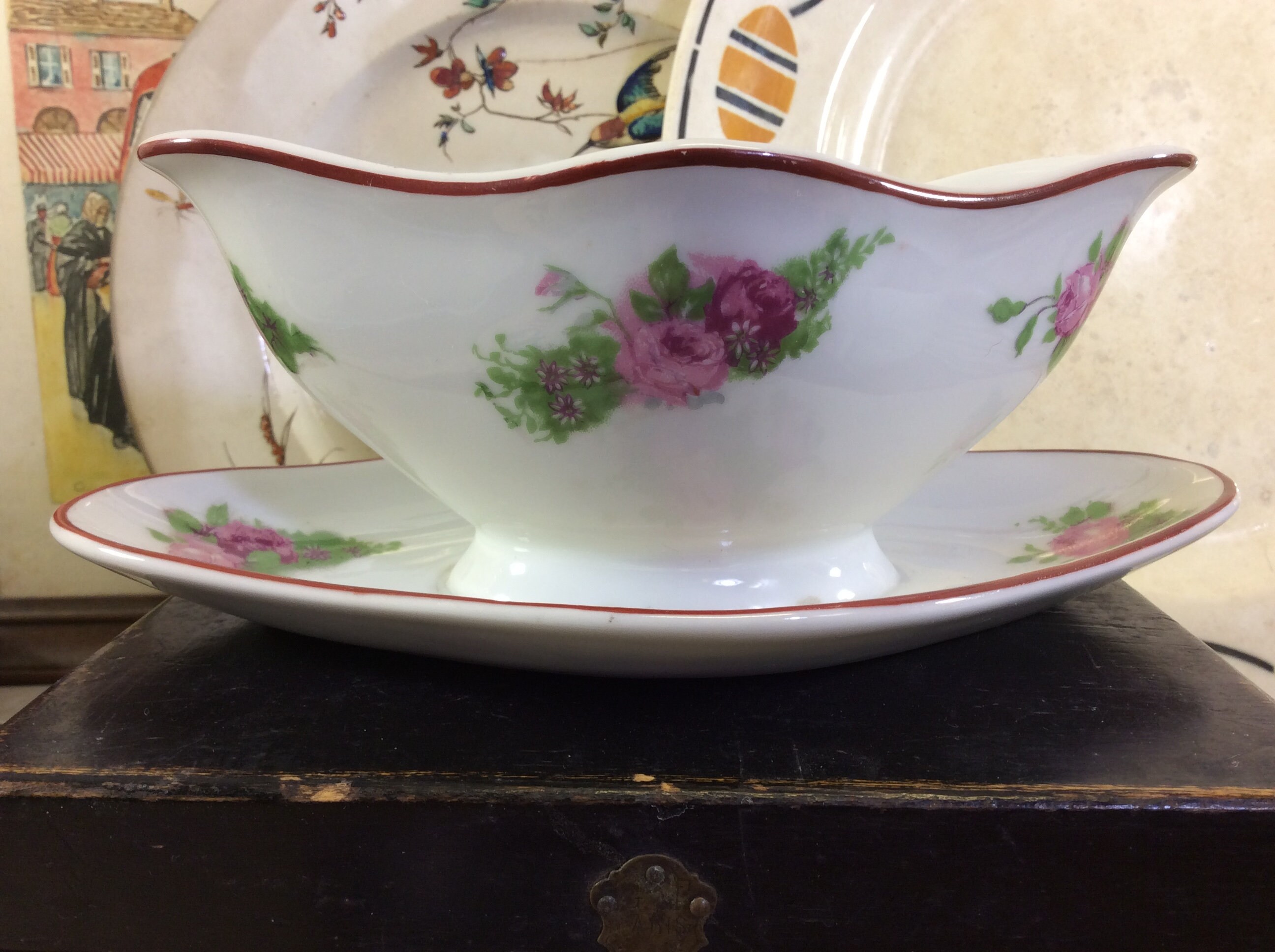 Français Antique Creil et Montereau Roses Gravy Boat, Pink Saucer, Romantic Floral Creil